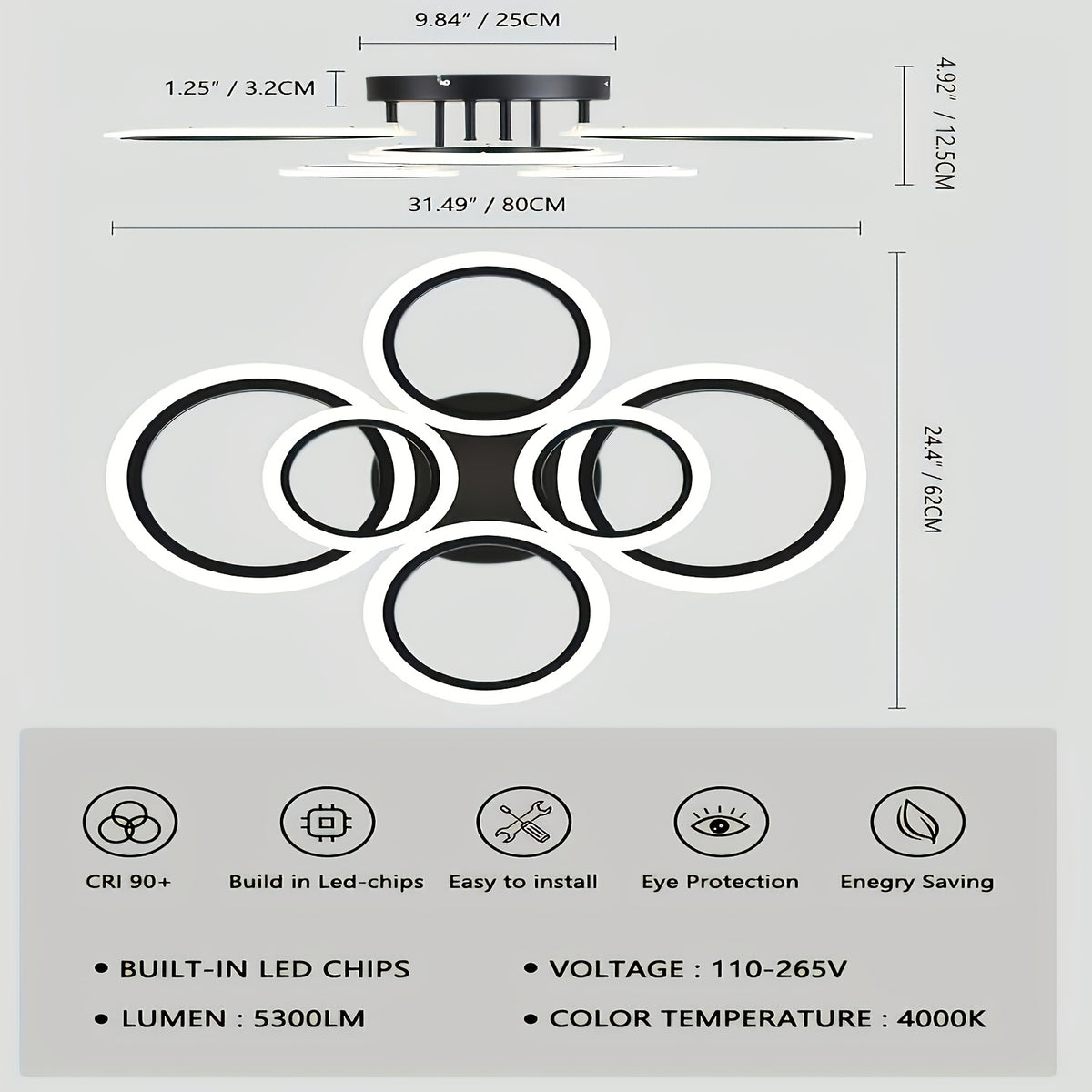 Modern LED Recessed Ceiling Light, 6-Ring Design, 4000K Non-Dimmable, E26 Base, for Kitchen, Living Room, Bedroom, Laundry Room Lighting - Indoor LED Lights, Energy Efficient, Ceiling Light Fixture