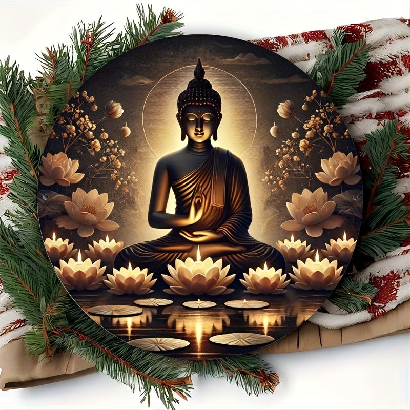 Room Decor 1pc Serene Buddha Meditation Round Iron Sign, 20.32x20.32 cm, Glowing Lotus and Candlelight Design, Indoor and Outdoor Decor for Living Room, Bar, Cafe