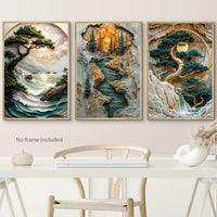 Room Decor - Sun, Moon & Cypress Mountain Stone Carving Art - 3pcs Set