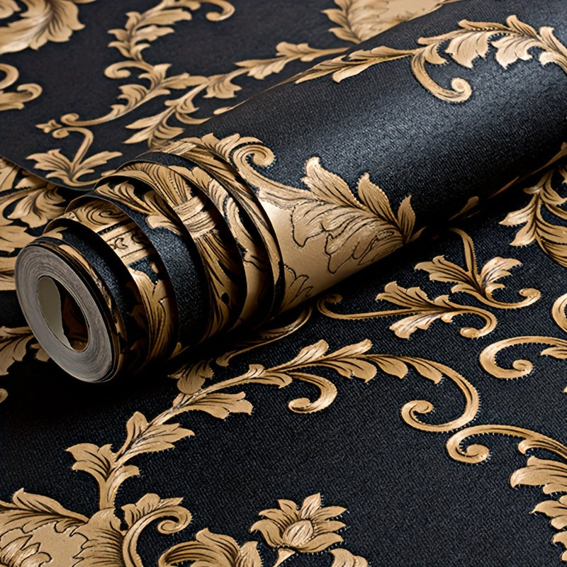 Luxury Black & Golden 3D Damask Embossed Wallpaper