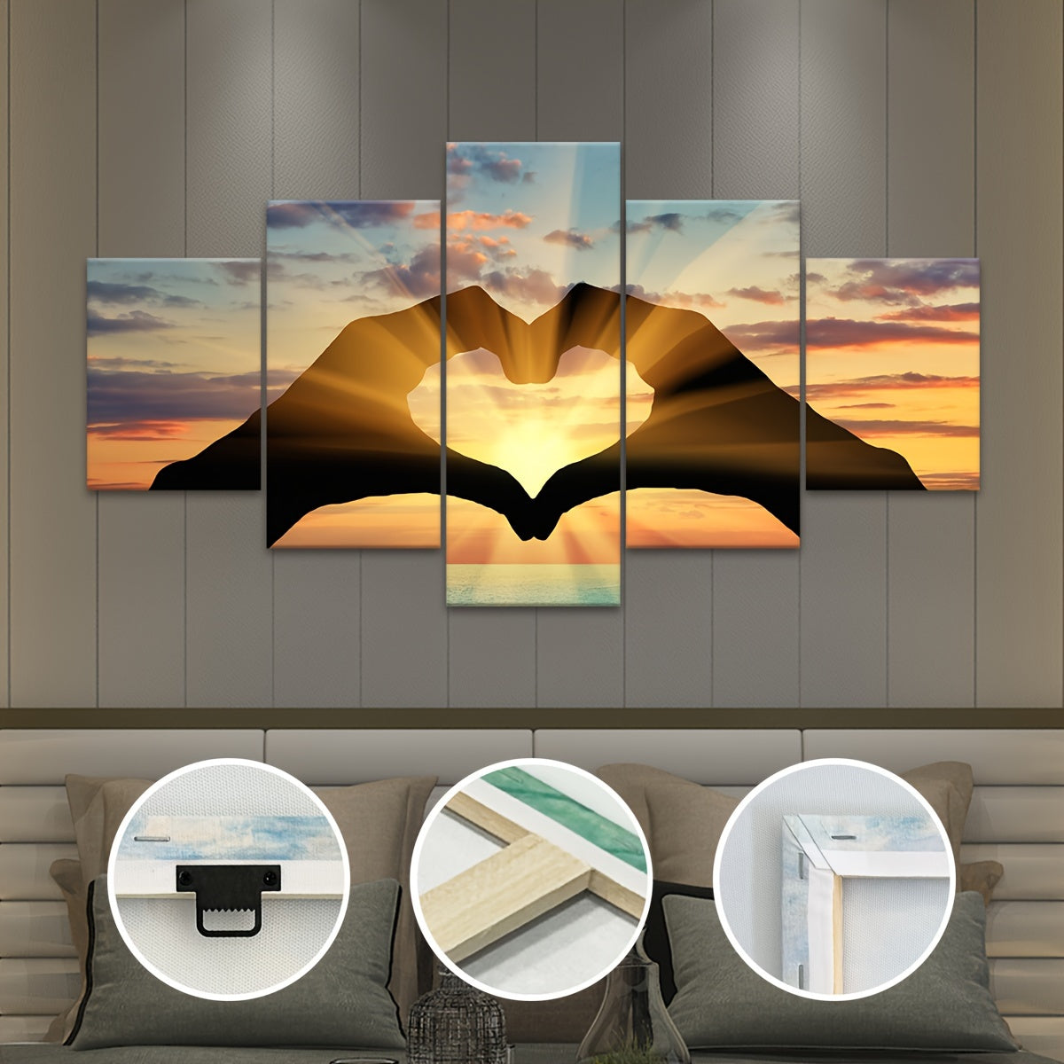 Contemporary Canvas Wall Art Set, Sunset Love Heart Hand Silhouette - 5pcs