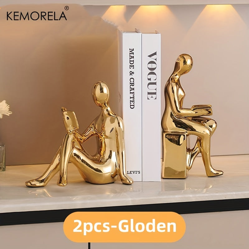 KEMORELA Vintage Ceramic Figurines Set of 2, Luxury Book Reading Statues, Non-Electric Decor for Living Room, Bedroom, Home and Office