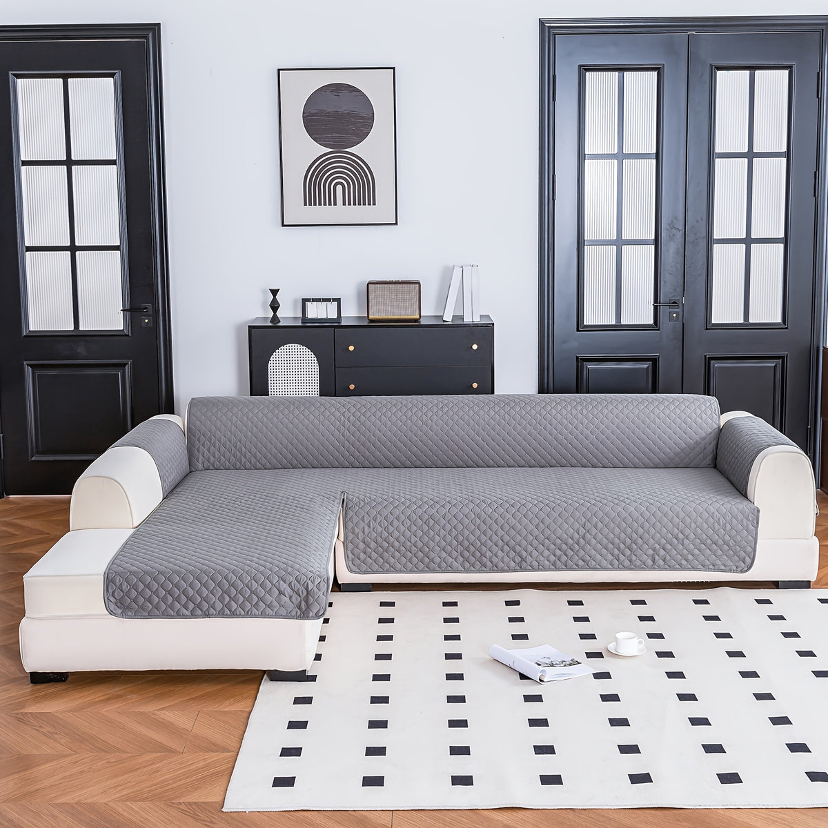1pc Classic Reversible L-Shaped Sofa Cover, T-Cushion Polyester Protector with Ultrasonic Embossing, Machine Washable, Pet-Friendly Dual-Sided Dustproof Slipcover for Sectional Sofas