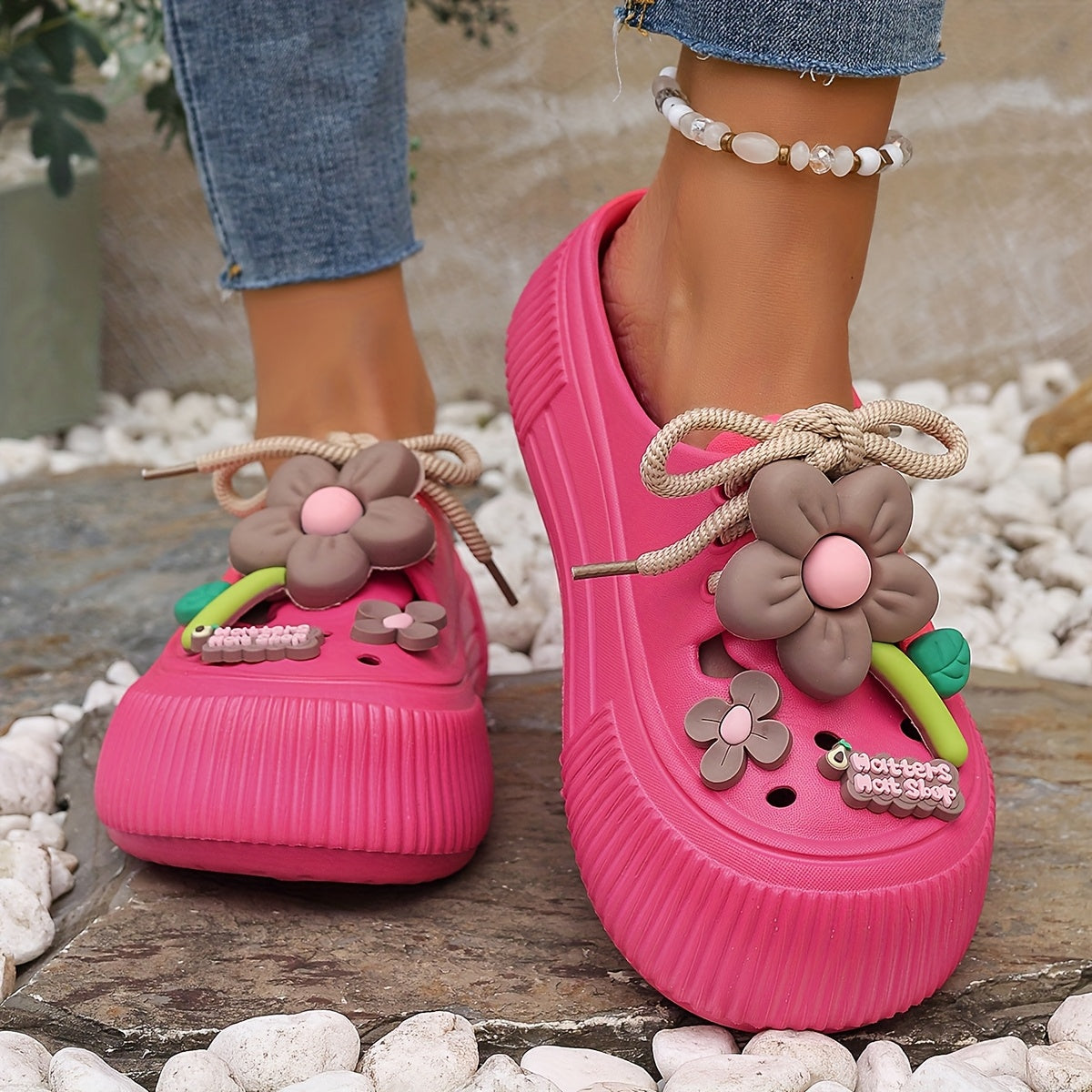 Women's Flower Decor Clogs, Casual Hollow Out Design Garden Shoes, Comfortable Slip On Beach Shoes