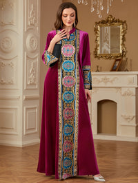 Women's Autumn and Winter Fashion V-Neck Elegant Retro Patchwork Solid Color Loose Arabic Long Dress