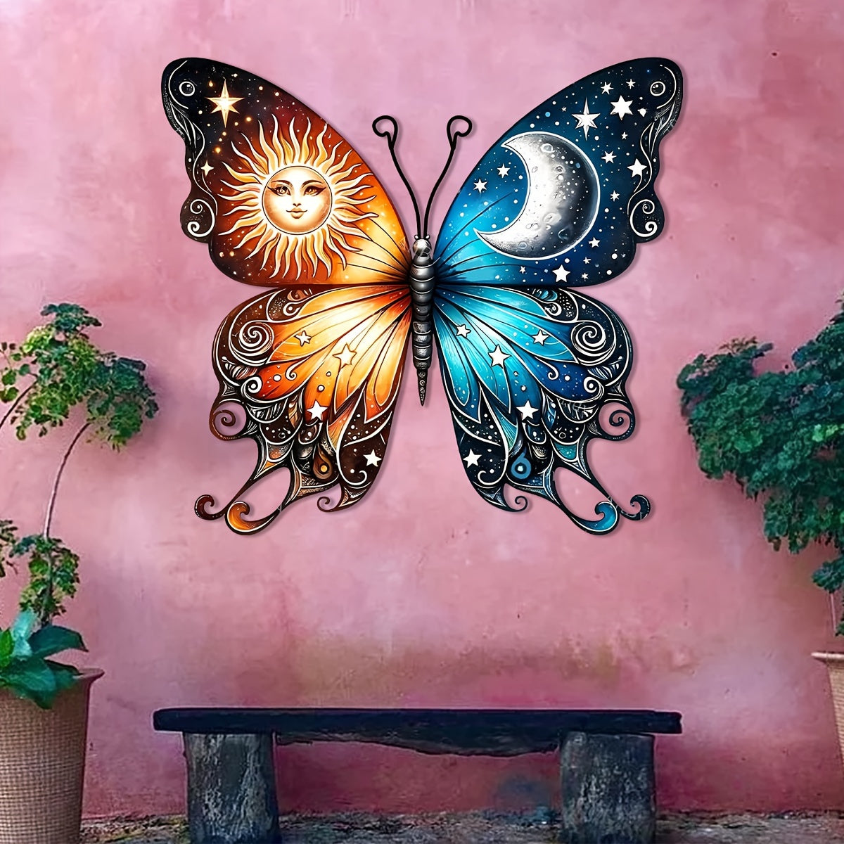 Butterfly Sun and Moon Metal Garden Sign