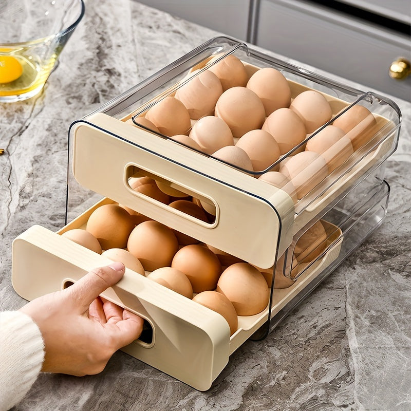 Large 32-Grid Transparent Double-Layer Egg Storage Box with Drawer