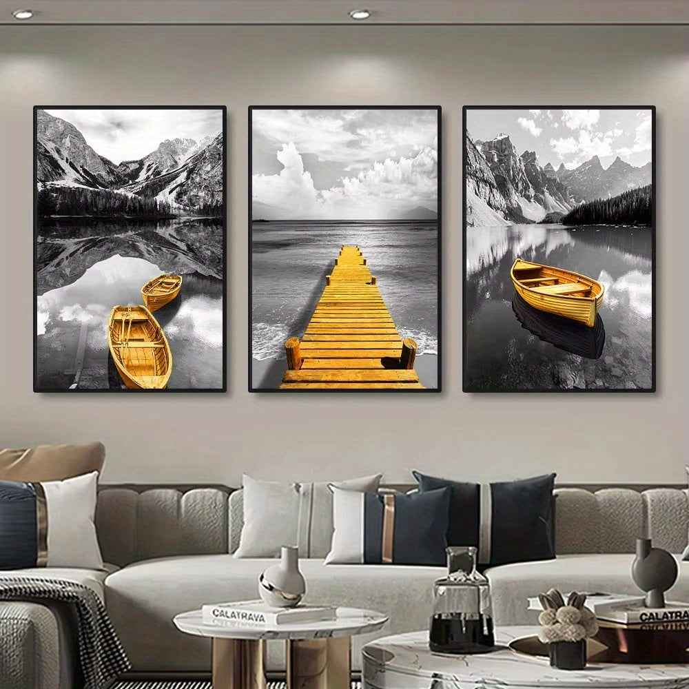 Frameless Canvas Prints - Yellow Boat on Lake & Golden Wooden Bridge - 3pcs Set