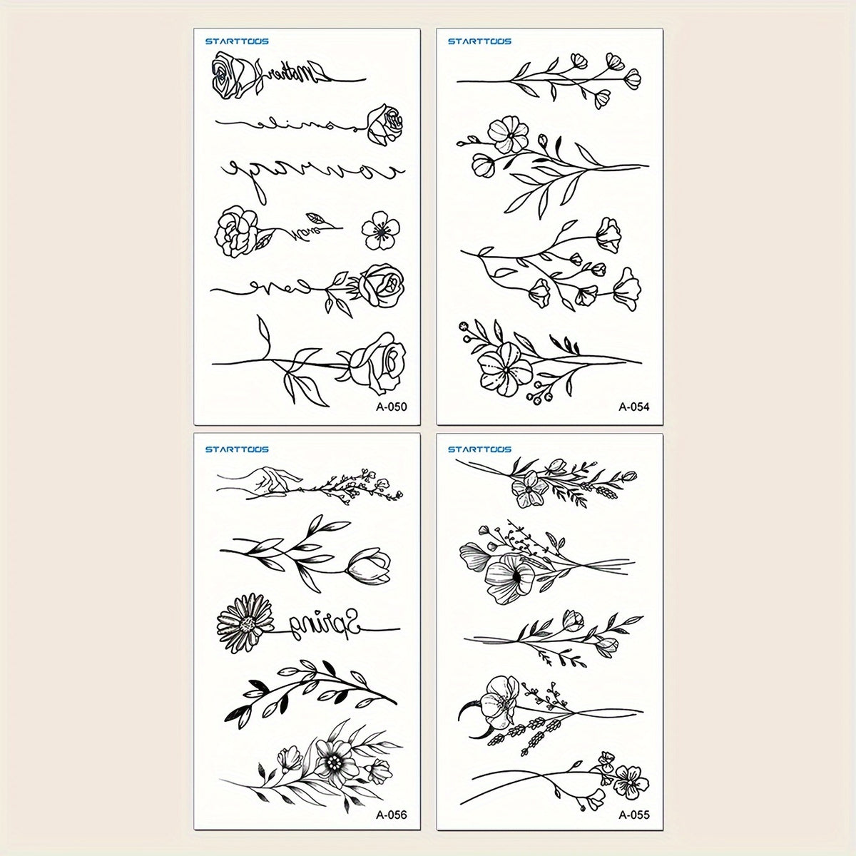 Black Simple Line Floral Patterns Finger Wrist Ear Can Last For 3-5 Days - 4 Sheets
