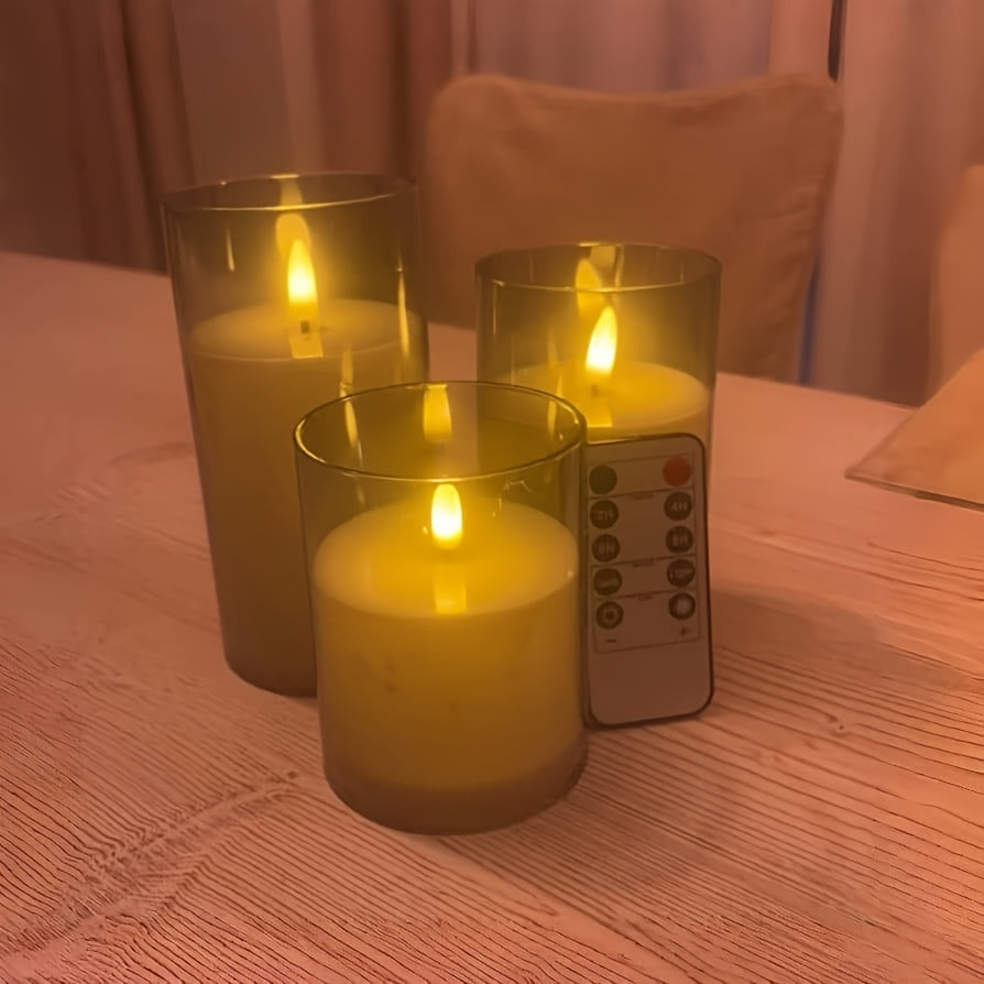 Three-Pack Flameless Candle with Flashing, Remote Control and Timer, Wicking Acrylic Electric Candle, Battery Powered LED Column Candle - Gray 10.16cm12.7cm15.24cm