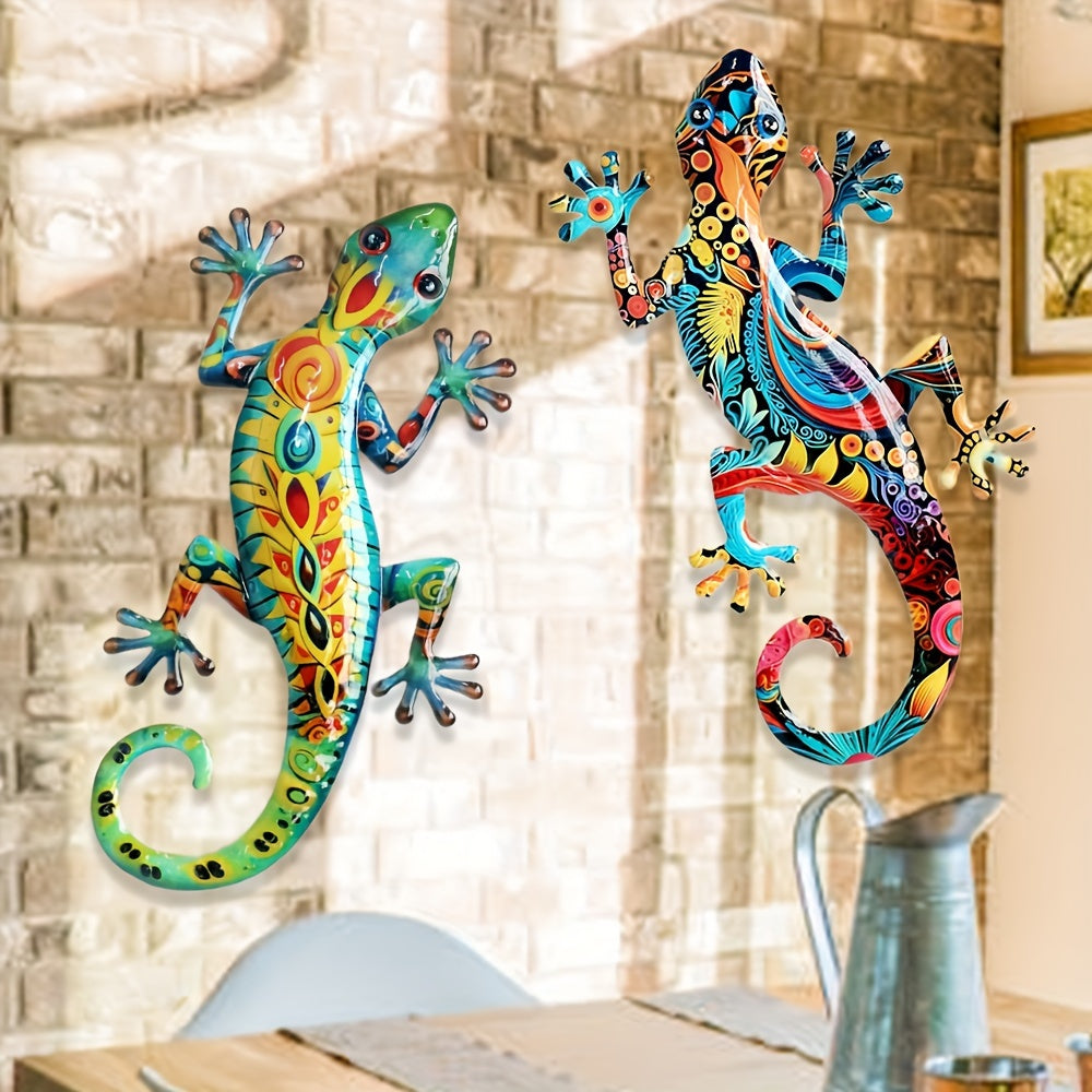 Large Metal Gecko Wall Decor with Handcrafted Floral Lizard Design - 2pcs