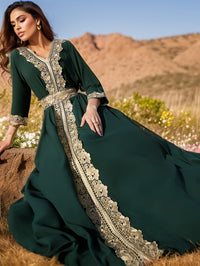 Ramadan Lace Trim V Neck Kaftan, Elegant Long Sleeve Maxi Dress, Women's Clothing