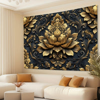 Luxurious 3D Wallpaper with Elegant Black & Golden Floral Design