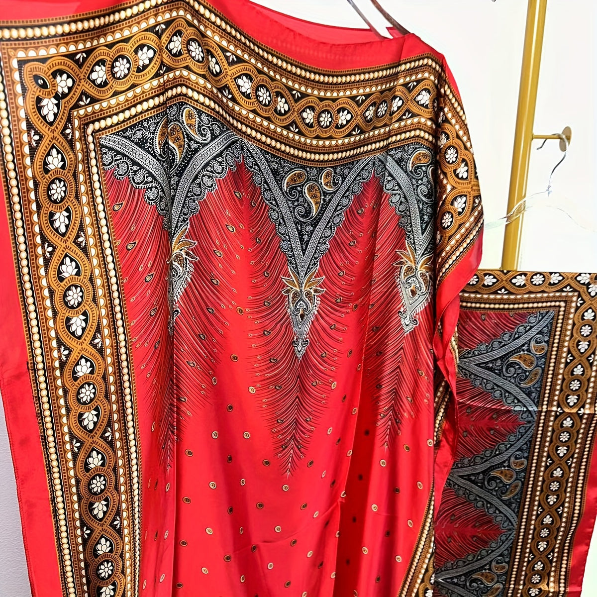 Print Boat Neck Abaya, Elegant Short Batwing Sleeve Loose Dress With Scarf For Spring & Summer, Women'S Clothing