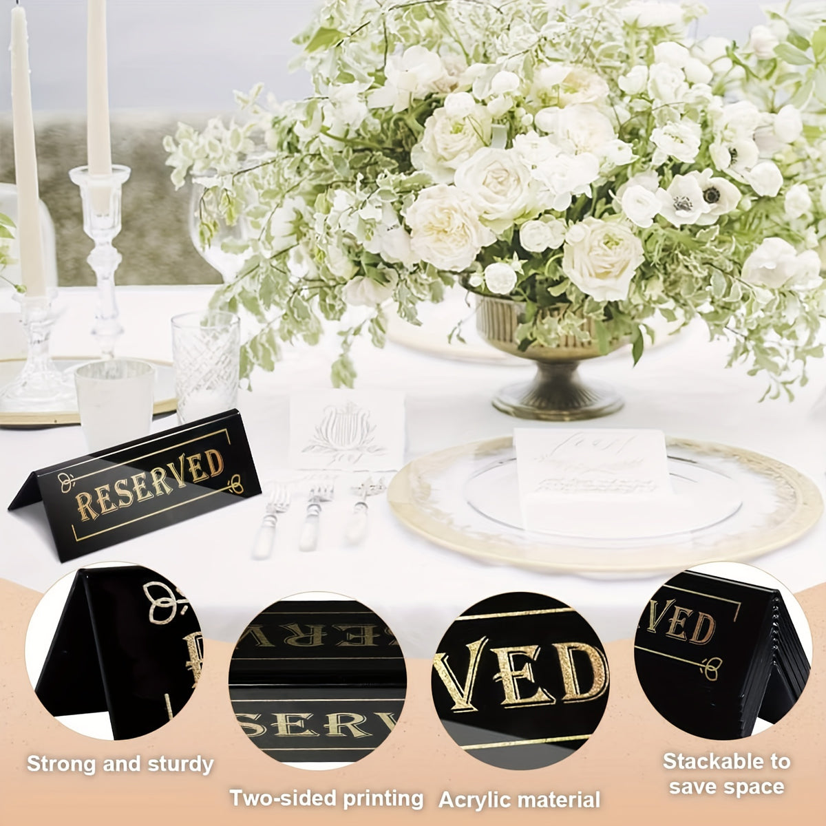 10pcs Elegant Golden Acrylic "Reserved" Table Signs - Waterproof, Double-Sided with Decorative Arrows, Perfect for Weddings, Parties, Restaurants & Meetings