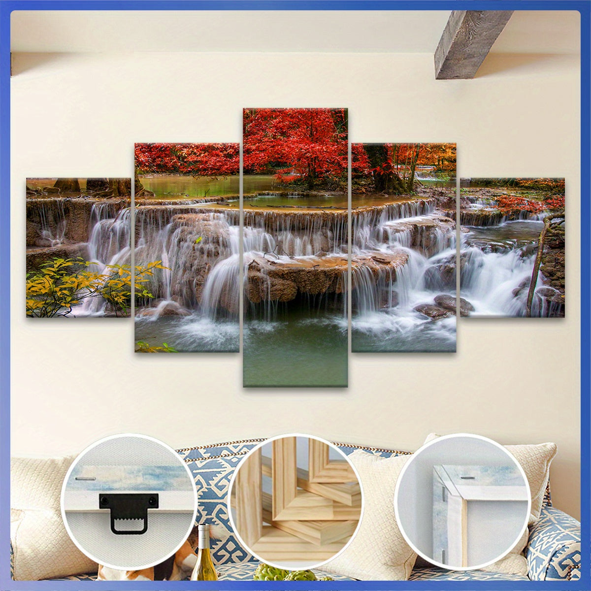 Wooden Framed Canvas, Jungle And Stream Theme Poster - 5pcs