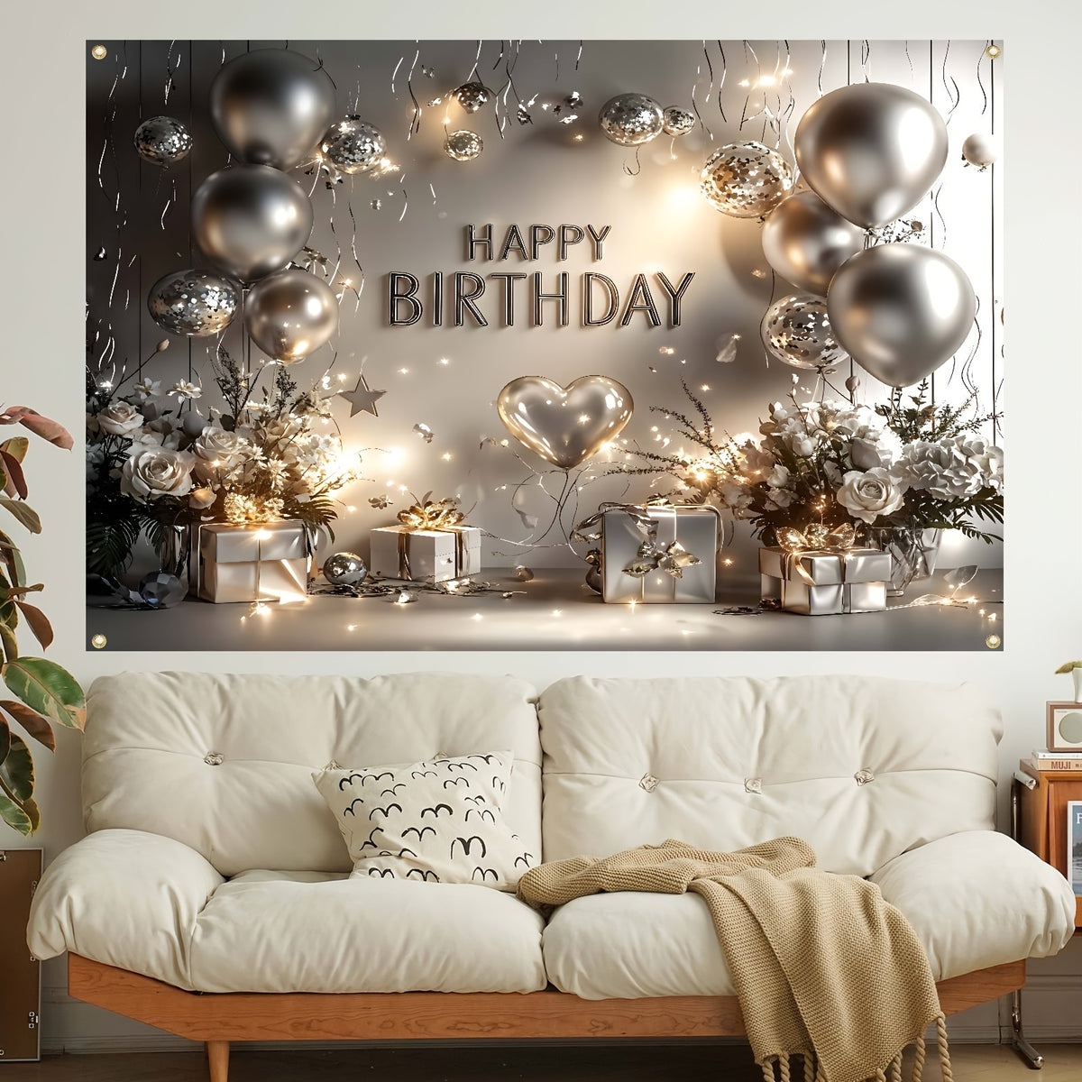 1 Piece, Happy Birthday Banner, Silvery And White Balloons And Gifts Birthday Party Celebration Decorations, 16 Years Old, 18 Years Old, 21 Years Old, 30 Years Old, 40 Years Old, 50 Years Old, 60 Years Old Birthday Party Univ