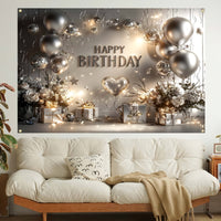 1 Piece, Happy Birthday Banner, Silvery And White Balloons And Gifts Birthday Party Celebration Decorations, 16 Years Old, 18 Years Old, 21 Years Old, 30 Years Old, 40 Years Old, 50 Years Old, 60 Years Old Birthday Party Univ