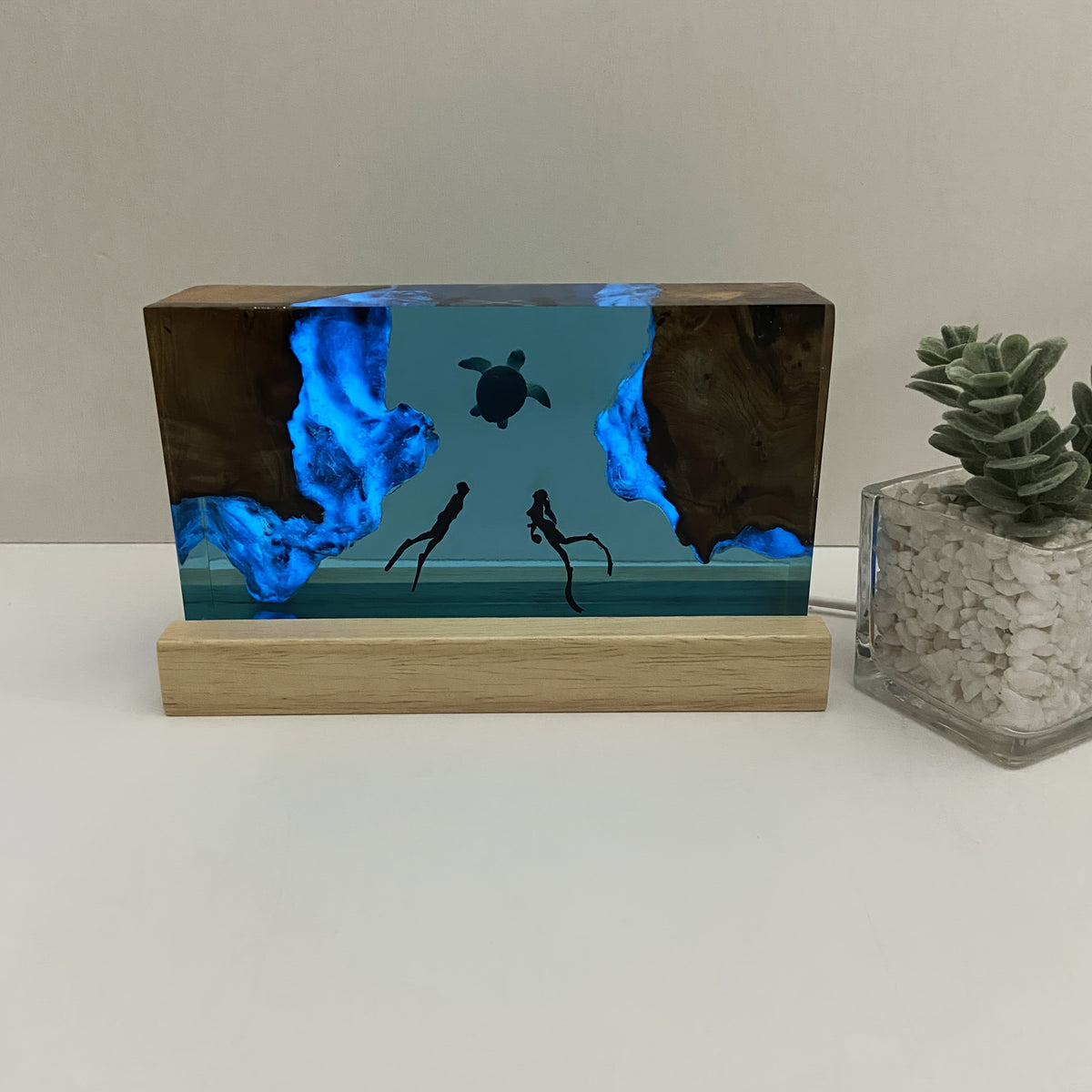 Ocean-Inspired Resin Art, Handcrafted Turtle and Diving Couple Sculpture