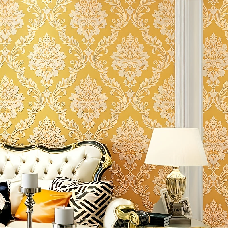 Luxurious Golden Yellow Floral Satin Wallpaper