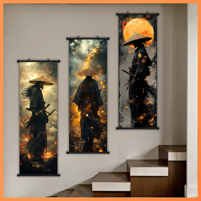 3 Hanging Scroll Painting Set, Japanese Samurai And Flame - 3Pcs