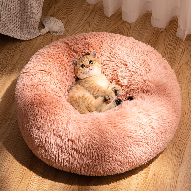 Cozy All-Season Cat Bed with Non-Slip Bottom, Round Polyester