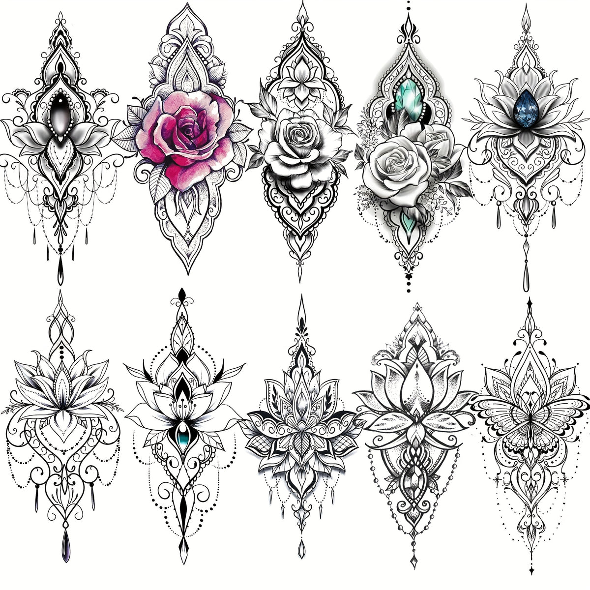 Black Henna Lotus Temporary Tattoos - Tribal Lace - 10 Sheets