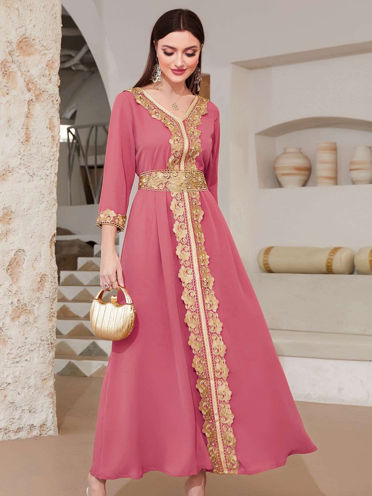 Ramadan Lace Trim V Neck Kaftan, Elegant Long Sleeve Maxi Dress, Women's Clothing