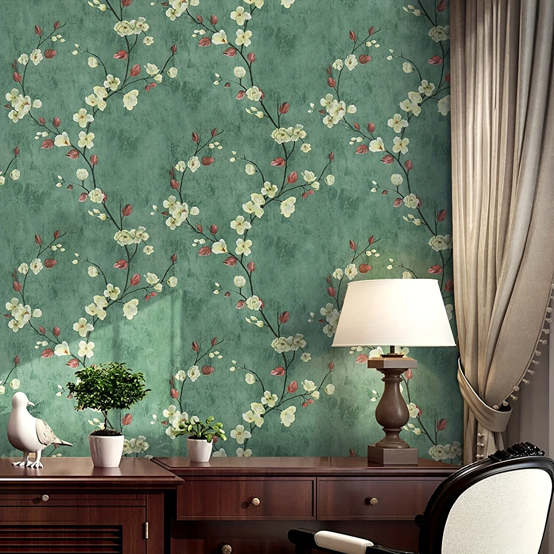 Self-Adhesive Wallpaper, Retro Green Plum Blossom Branch Pattern