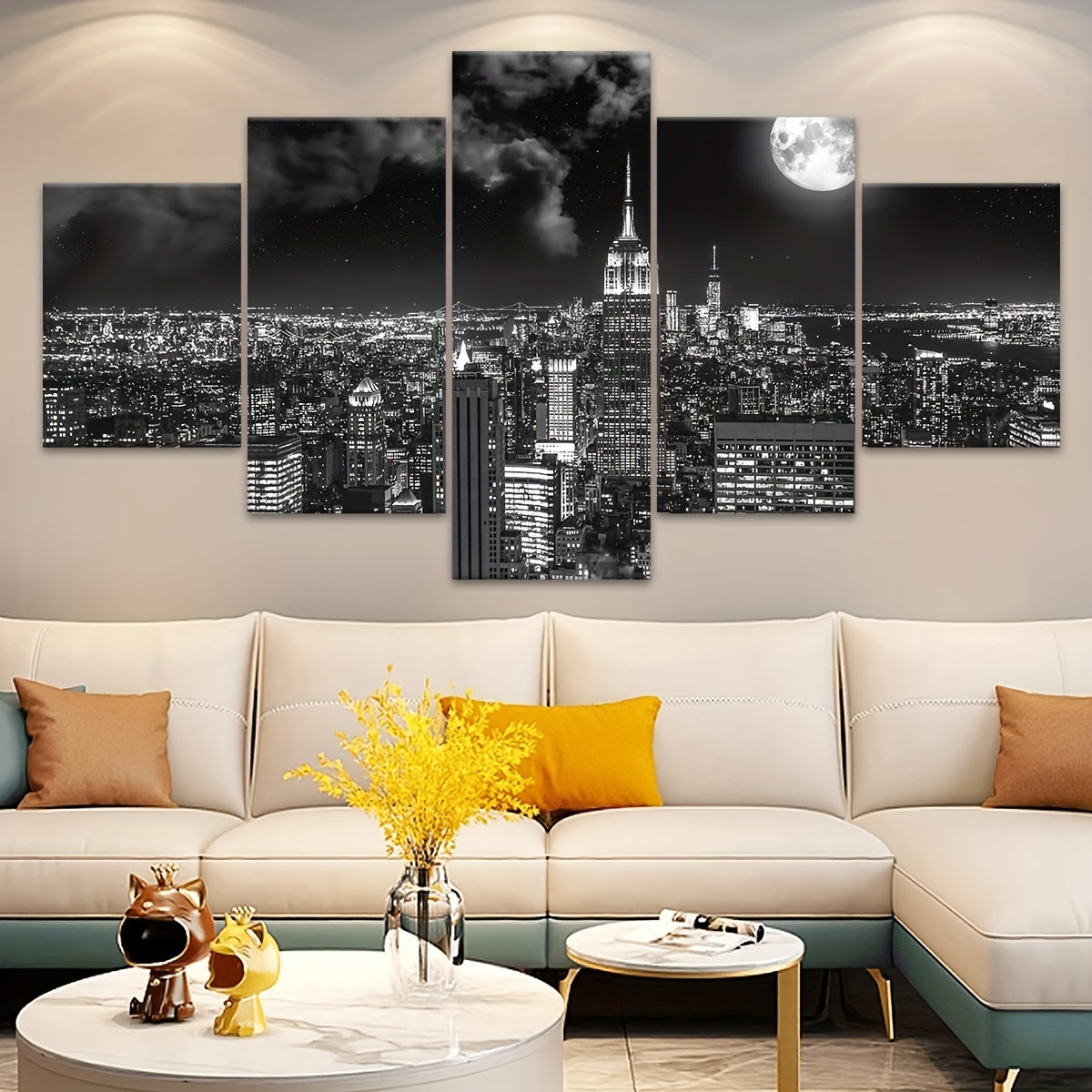 Art Deco Urban Night View Canvas Wall Art Set, Black and White City scape - 5pcs