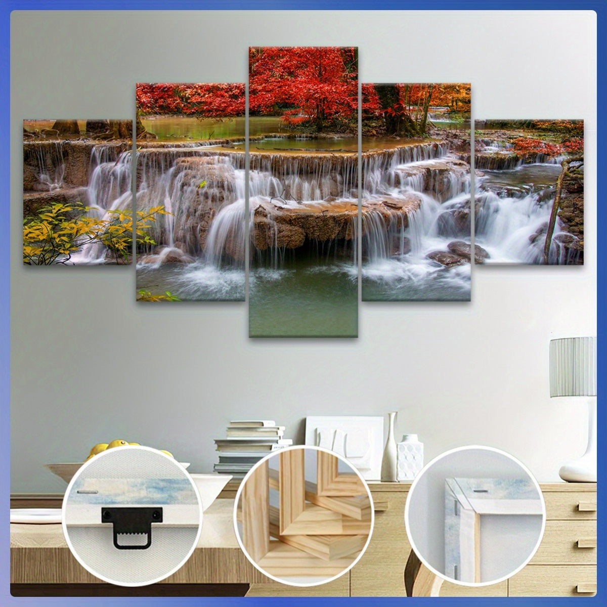 Wooden Framed Canvas, Jungle And Stream Theme Poster - 5pcs