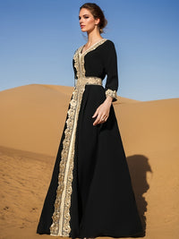 Ramadan Lace Trim V Neck Kaftan, Elegant Long Sleeve Maxi Dress, Women's Clothing