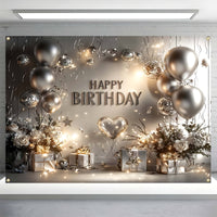 1 Piece, Happy Birthday Banner, Silvery And White Balloons And Gifts Birthday Party Celebration Decorations, 16 Years Old, 18 Years Old, 21 Years Old, 30 Years Old, 40 Years Old, 50 Years Old, 60 Years Old Birthday Party Univ