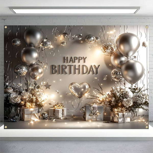 1 Piece, Happy Birthday Banner, Silvery And White Balloons And Gifts Birthday Party Celebration Decorations, 16 Years Old, 18 Years Old, 21 Years Old, 30 Years Old, 40 Years Old, 50 Years Old, 60 Years Old Birthday Party Univ
