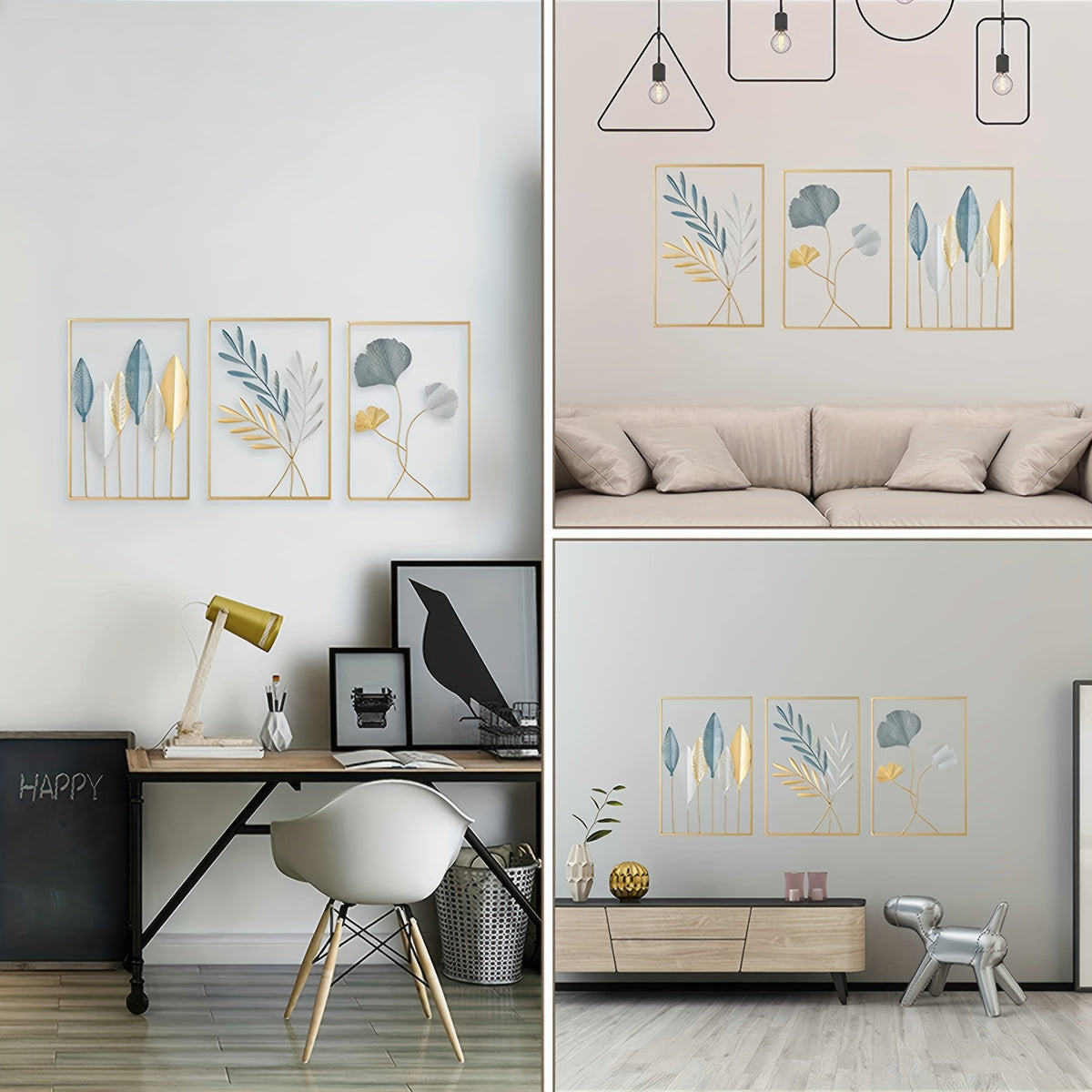 Colorful Leaf Metal Wall Art - Nordic Luxe Iron Plant Decor - 3pcs Set