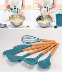 12pcs Silicone Kitchen Utensil Set with Wooden Handles