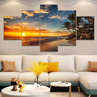 Wooden Framed Canvas Poster, Sunset Sea View Beach Coconut Trees Canvas - 5pcs/set