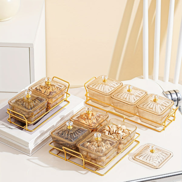 Luxurious Amber Golden-Trimmed Snack Serving Set - 30.48cm Plastic Dried Fruit & Nut Bowls for Weddings, Birthdays, Graduations, and Festivals, Beaded Decorations, Small Food Dishes