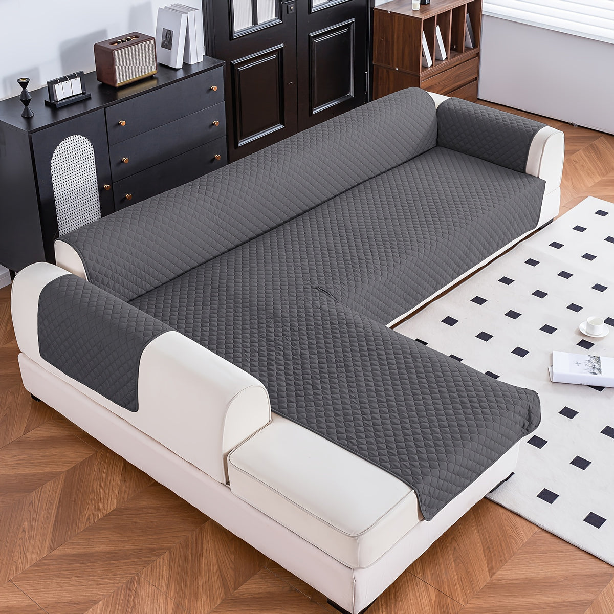1pc Classic Reversible L-Shaped Sofa Cover, T-Cushion Polyester Protector with Ultrasonic Embossing, Machine Washable, Pet-Friendly Dual-Sided Dustproof Slipcover for Sectional Sofas