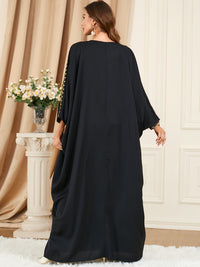 Plus Size Floral Pattern Tassel Decor Kaftan Dress, Elegant Crew Neck Batwing Sleeve Dress, Women's Plus Size Clothing