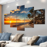 Wooden Framed Canvas Poster, Sunset Sea View Beach Coconut Trees Canvas - 5pcs/set