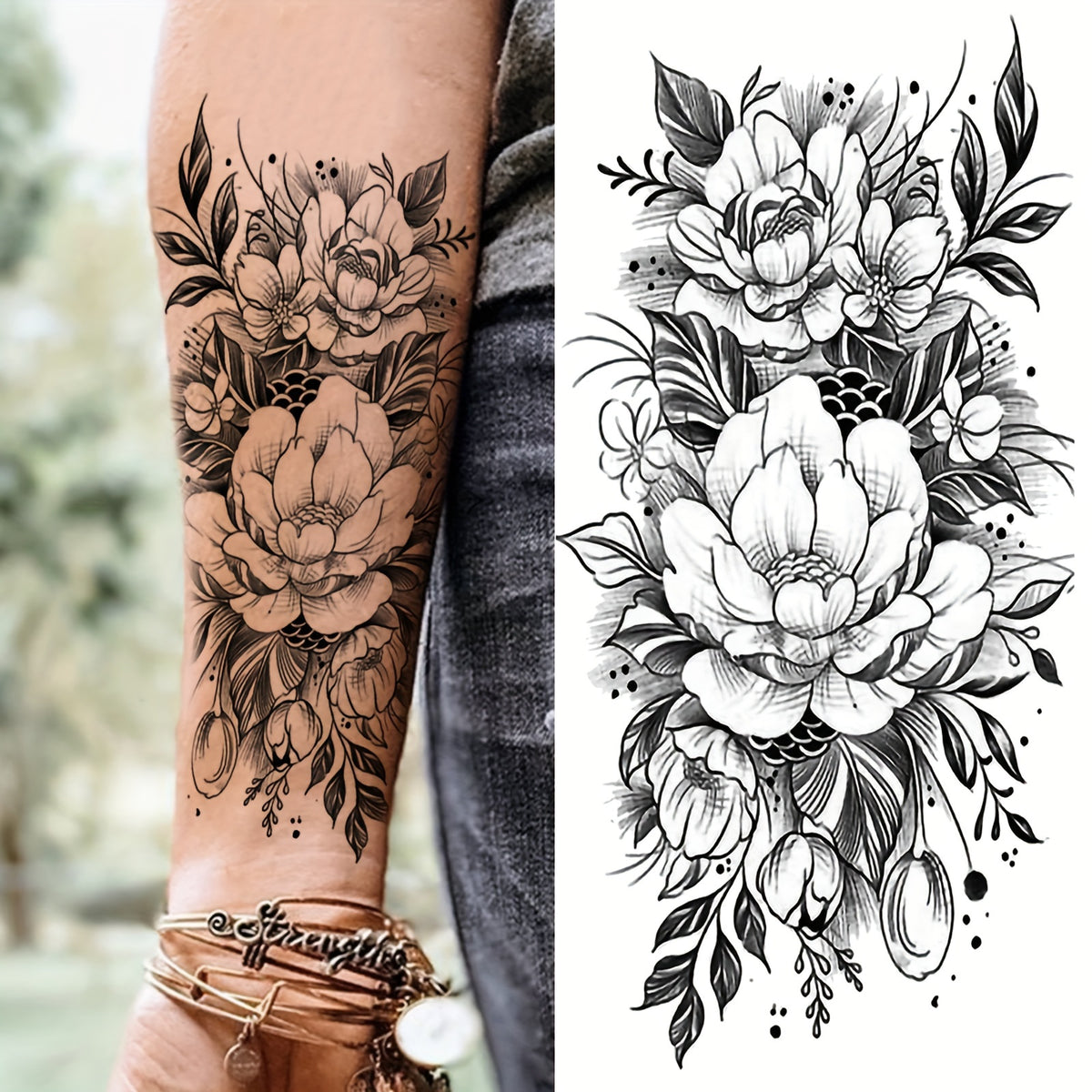 Realistic Sketches of Peony Roses - 36 Temporary Tattoos