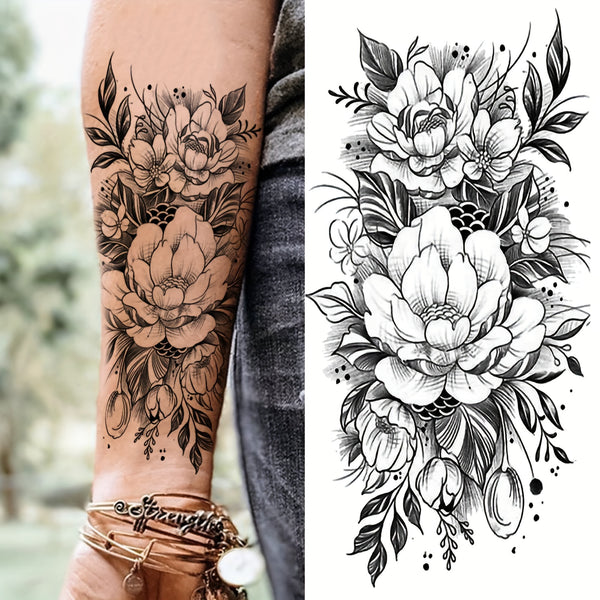 Realistic Sketches of Peony Roses - 36 Temporary Tattoos