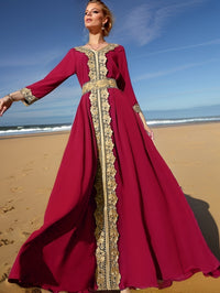 Ramadan Lace Trim V Neck Kaftan, Elegant Long Sleeve Maxi Dress, Women's Clothing