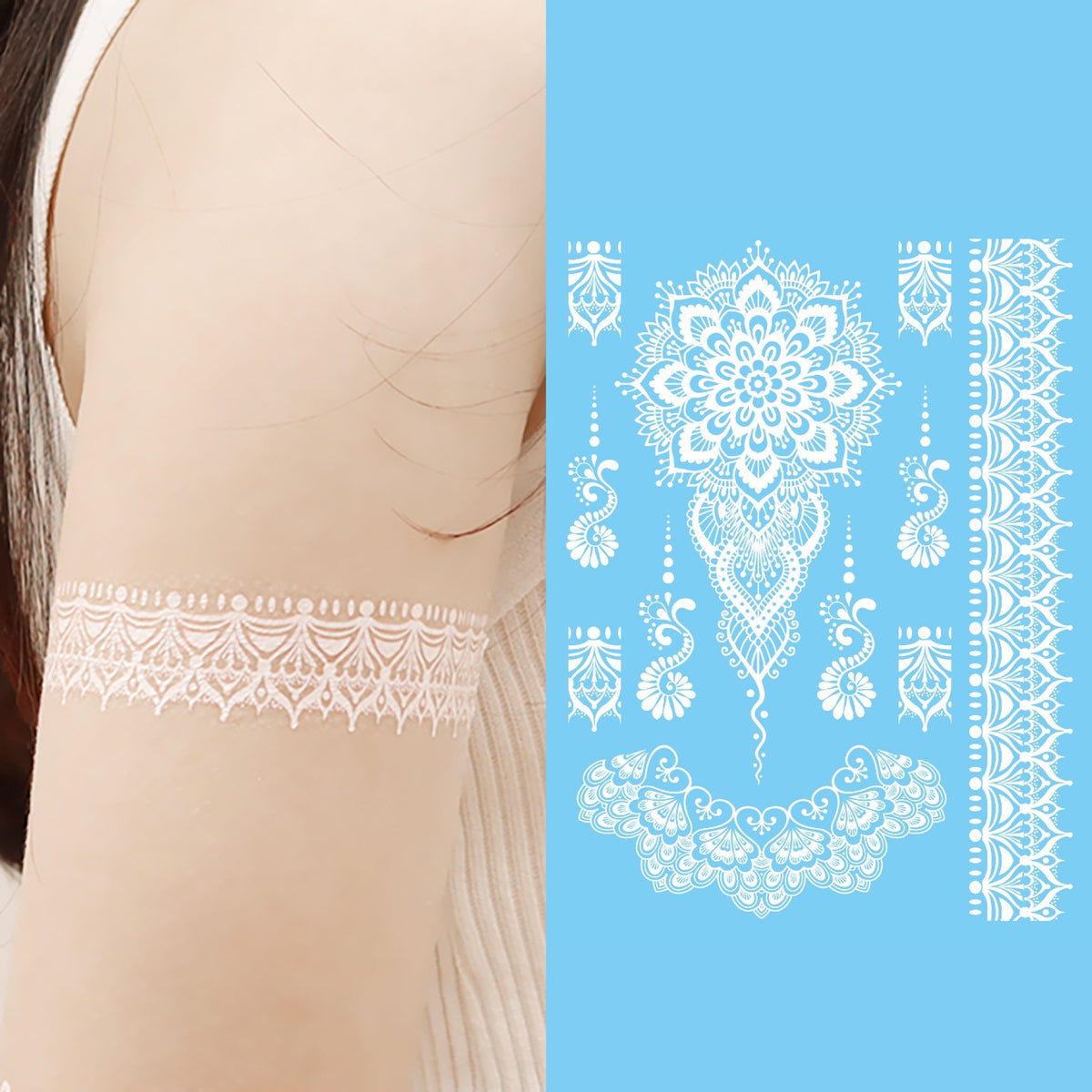 White Henna Temporary Tattoos - Lace Mandala Designs - 4 Sheets