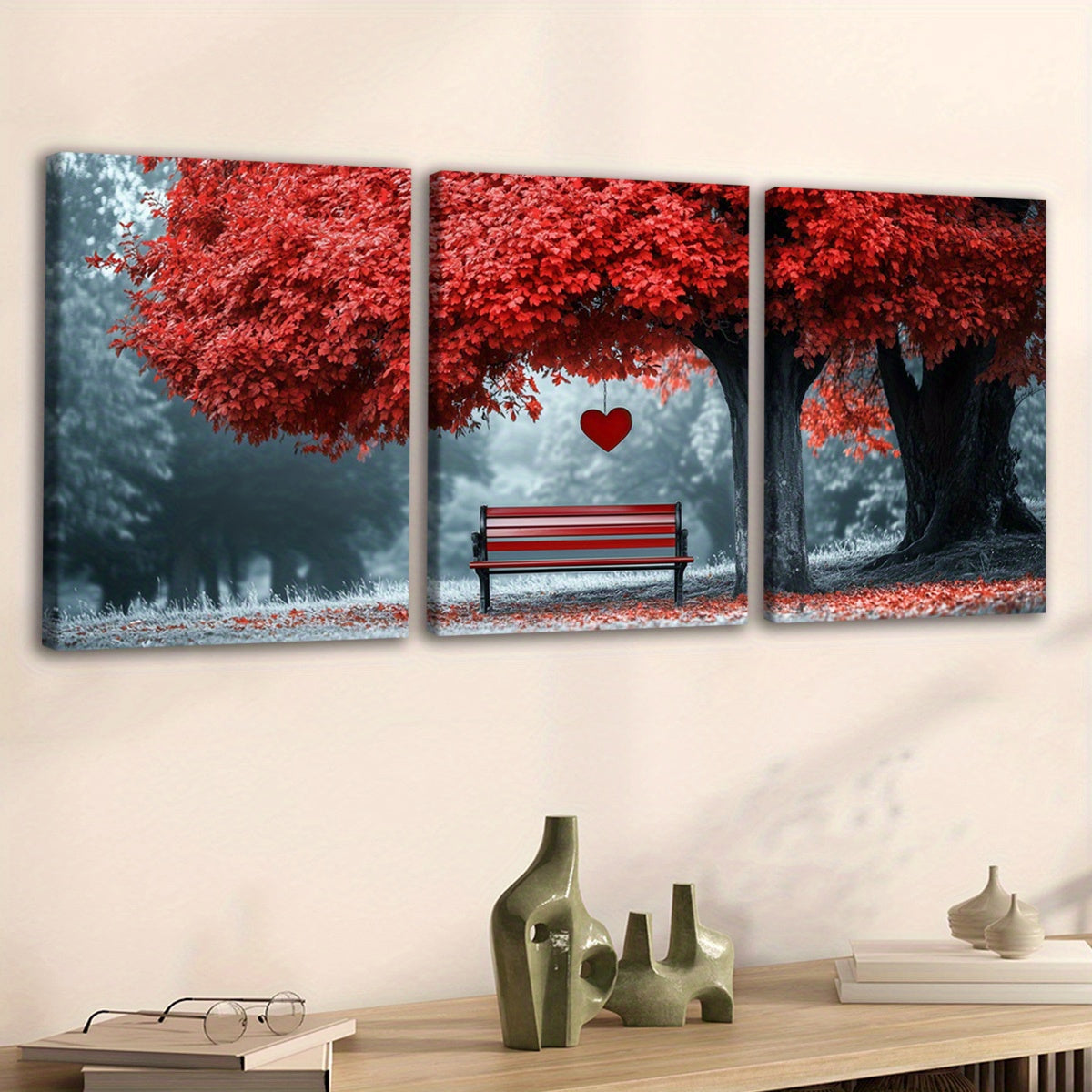Wooden Framed Canvas, Abstract Red TREE Fashion Art Decorations - 3pcs