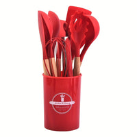 12pcs Silicone Kitchen Utensil Set with Wooden Handles