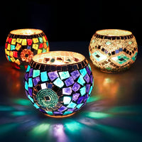 Set of 3 Glamorous Handcrafted Turkish Moroccan Mosaic Glass Candle Holders - Lacquered Finish Tabletop Candle Bowls for Romantic Dinners, Home Decor, and Multicultural Festivities Including Christmas, Hanukkah, Ramadan, and