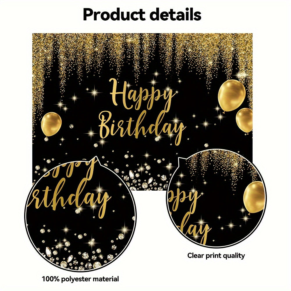 Luxurious Black & Golden Happy Birthday Backdrop with Diamond Balloons and Glitter - Polyester Photography Background for Indoor/Outdoor Parties, 152.4x91.44cm/213.36x152.4cm/243.84x182.88cm