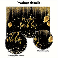 Luxurious Black & Golden Happy Birthday Backdrop with Diamond Balloons and Glitter - Polyester Photography Background for Indoor/Outdoor Parties, 152.4x91.44cm/213.36x152.4cm/243.84x182.88cm